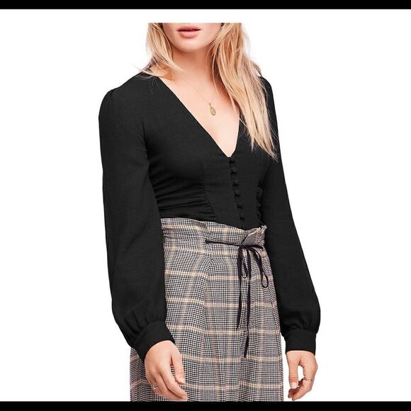 Free People Black Maise Boho Button Front Blouse - Picture 1 of 10